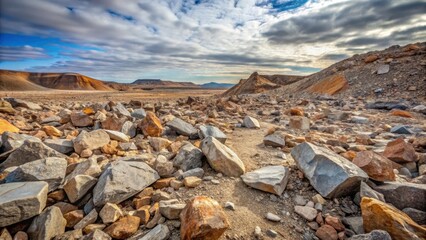 A vast expanse of gray and brown rock fragments, scattered across a barren landscape, with some stones partially buried in the earth, crushed stone, geological formations