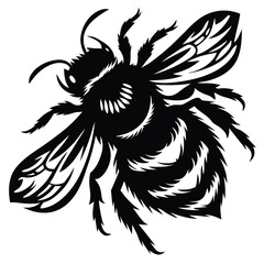 Stylized Black and White Illustration of a Bumble Bee in Flight