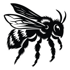 Black and white graphic illustration of a flying honey bee with wings