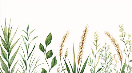 Watercolor painted green grasses and wheat stalks arranged in a border on a white background.