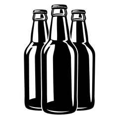 Illustration of three unlabeled beer bottles in monochrome on a white background