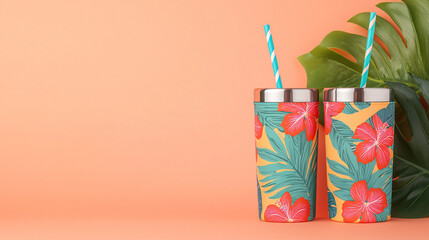 Two tropical themed tumblers with straws sit against a pastel orange backdrop and leaf decor.
