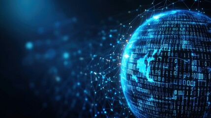Futuristic digital globe displaying global connectivity with glowing binary code and network nodes representing technology innovation and data exchange