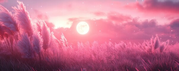 Full moon and Japanese pampas grass in midnight,The harvest Miscanthus sinensis and full moon,beautiful night sky in the countryside with the perfect pink moon exudes beauty in the dark.