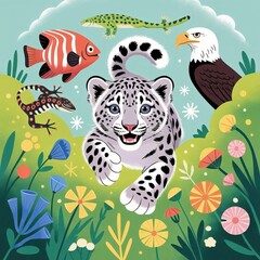 Cute Snow Leopard Cub Surrounded by Wildlife in a Floral Meadow