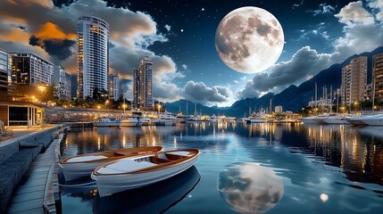 Serene night sailing at a harbor city skyline reflections digital art calm waters wide-angle view tranquility