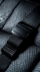 Detailed Close Up of a Car Seatbelt Over Textured Gray Fabric Material Featuring a Black Plastic Buckle Promoting Automobile Safety and Security During Travel
