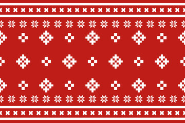 Christmas and New Year seamless pattern. White snowflakes and Christmas tree on red pixel pattern for winter hat,jumper,sweater, wrapping,fabric,border,rim,carpets, blankets, towels.