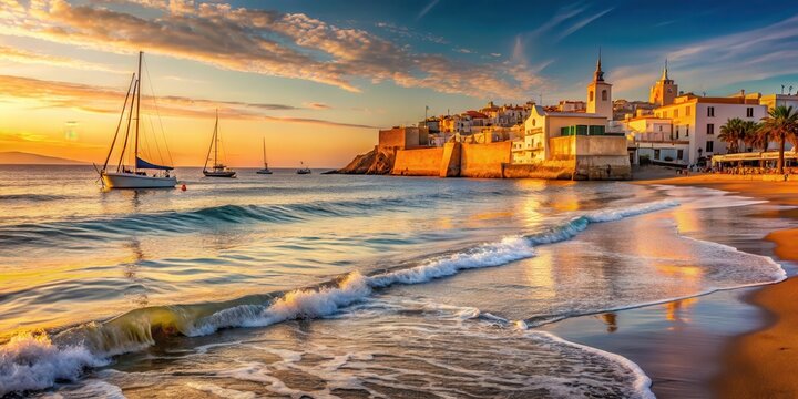 Warm sunlight casts a golden glow on La Muralla beach at sunset, with waves gently lapping against the shore and a few sailboats bobbing in the calm waters , whitewashed buildings, waves