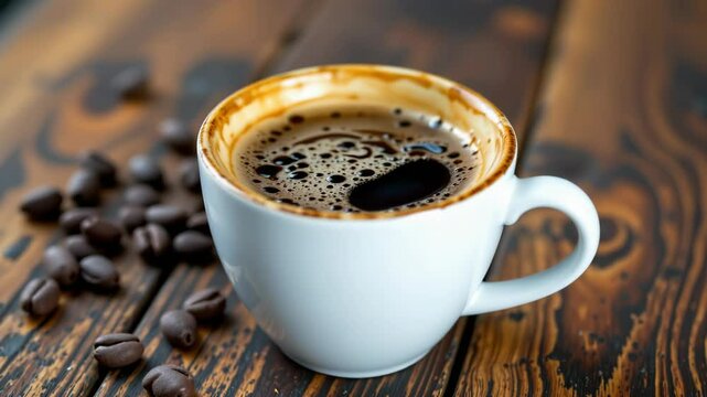 A steaming cup of black coffee in a white mug sits on a rustic wooden table, surrounded by scattered coffee beans.