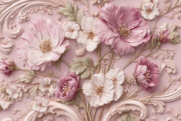 Ornate floral design on a pastel pink background.