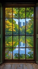 Autumn park view from a window