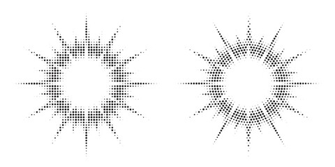 Halftone Background. Glowing light Halftone effect. Abstract grunge Starburst halftone dots background set. Star Flare, Shine light halftone texture. Retro background, pop art style.	
