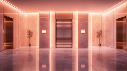 Modern Elevator doors of office or hotel hallway,holiday season decor with christmas tree,Lobby interior, corridor in house with lift,marble elegant lift for passenger or cargo elevators,copy space.