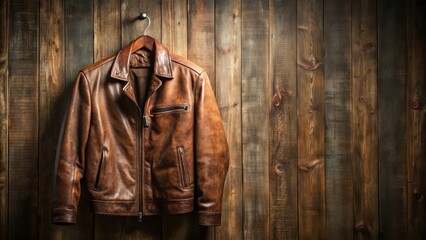 Fototapeta premium Brown leather jacket with a worn, distressed look, hanging on a wooden hook, modern, accessory, modern, accessory