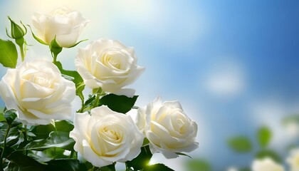 A cluster of pristine white roses against a bright sky.