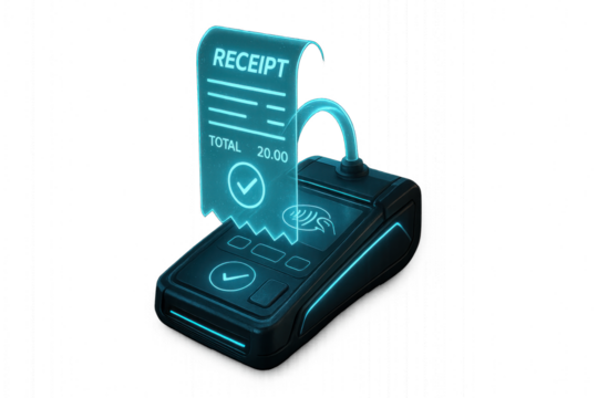 Futuristic digital POS payment terminal emitting a glowing receipt, symbolizing cashless transactions, electronic payment systems, and modern financial technolog