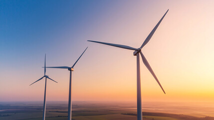 Obraz premium Three towe wind turbines stand against a beautiful, vibrant sunset sky generating clean energy.