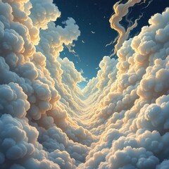surreal scene with exaggerated, feather like clouds blending into swirling patterns, illuminated by a gentle glow