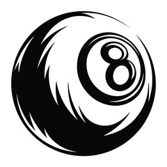 A bold monochromatic graphic of an 8 ball in dynamic composition