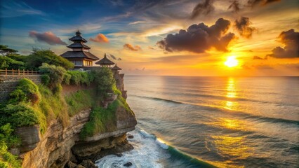 Sunsets over the Indian Ocean with Balinese Hindu temple in background, temples, uluwatu temple