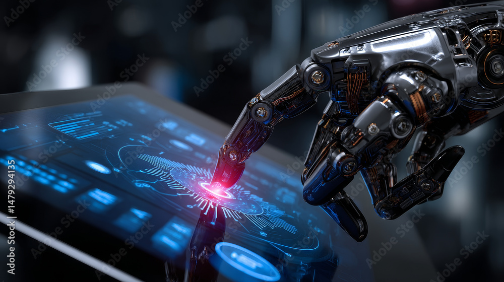 Poster the robot hand or arm presses the button on the touchscreen. protection from bots. vector illustrati