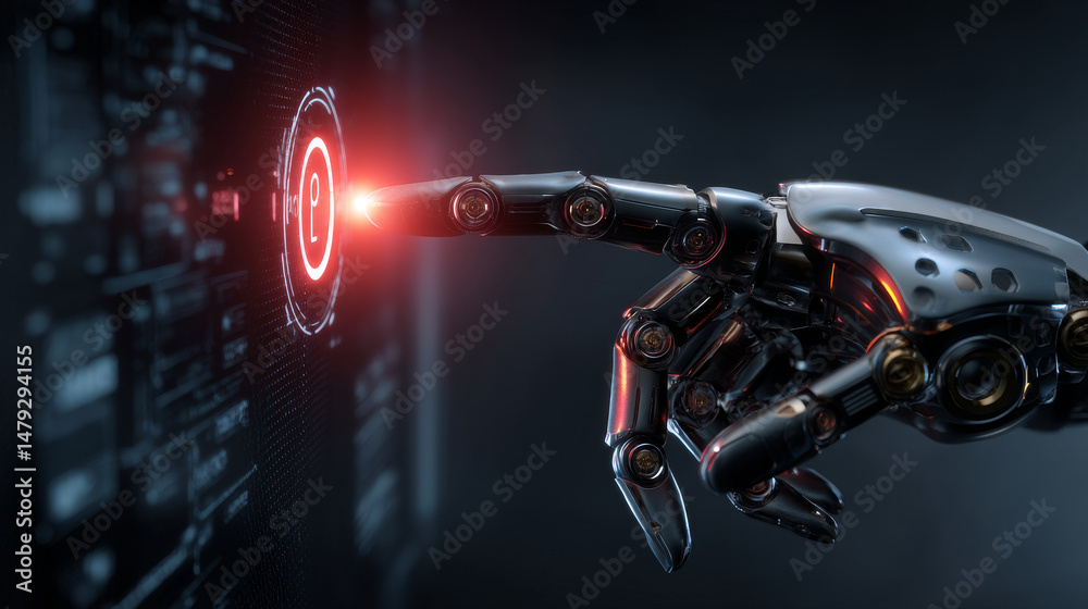 Poster the robot hand or arm presses the button on the touchscreen. protection from bots. vector illustrati