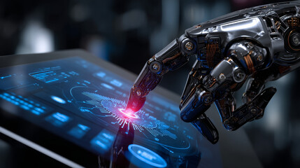 the robot hand or arm presses the button on the touchscreen. protection from bots. Vector illustration. spam protection hacking. hacking bot protection. chrome fingers points.