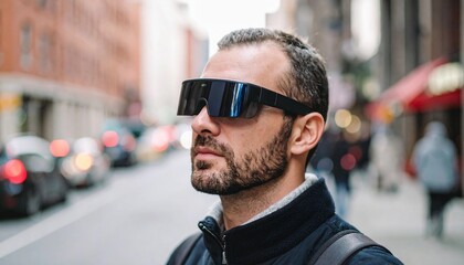 Man using wearable smart glasses on city street