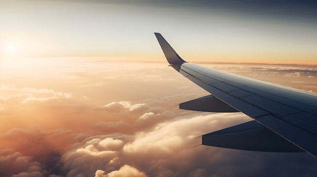 Sunset Flight Wing Above Clouds.