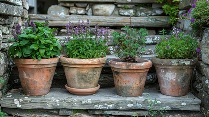 Clay pots with herbs on rustic garden steps