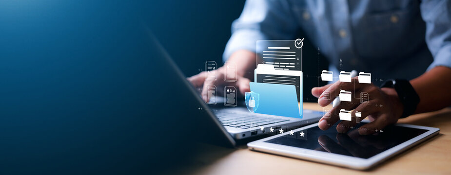 Privacy protection, secret secured lock, safety or security to archive file or document. Person holding lock document file folder with padlock.