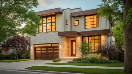 Fototapeta premium Modern suburban home with clean lines, bathed in soft daylight. Minimalist elegance in a quiet neighborhood setting.