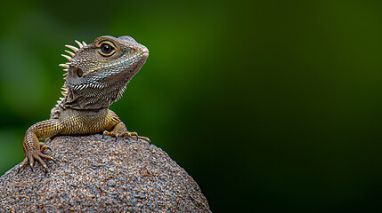 Fototapeta premium A focused water dragon gazes upwards while perched on a rock, framed by a lush green backdrop.
