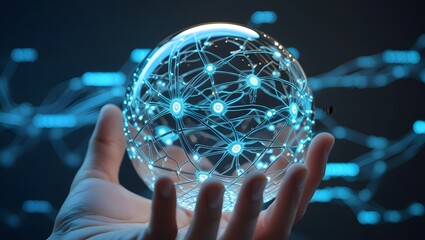 Ai neural network concept art hand holding glowing sphere technology