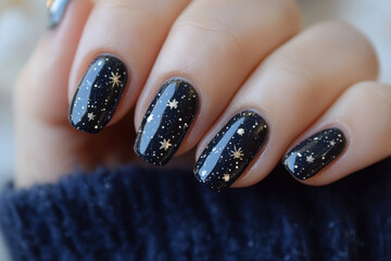 Star-studded black and gold nail design.