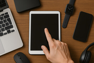 hand touching digital tablet screen surrounded by modern tech gadgets including laptop, smartphone, smartwatch, mouse and headphones on desk. concept remote work, job search, digital technology use
