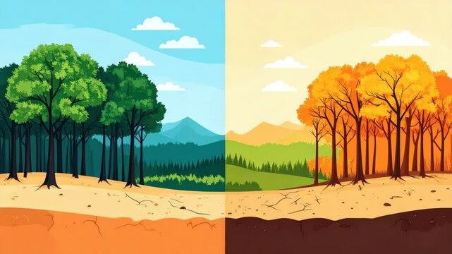 A stylized forest is split into two halves, one in summer with green trees and one in autumn with orange foliage under clear skies.