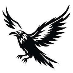 Stylized Raven in Flight with Abstract Feather Design on White Background