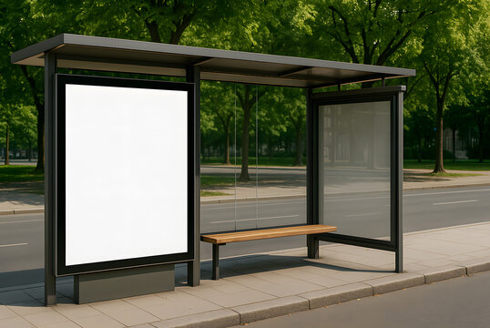  empty urban bus stop with wooden bench and large vertical blank advertising billboard on quiet street with green trees in background. concept of public transportation, city infrastructure 