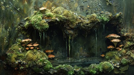 Forest ground covered in moss and mushrooms