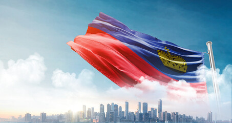 Liechtenstein national flag waving with skyline and buildings. Liechtenstein national flag for...