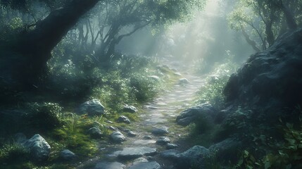 Mysterious foggy forest path with dappled light