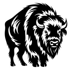 Black and white vector illustration of an American Bison with furry mane
