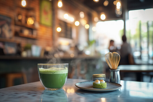Stylish coffee shop featuring matcha drink and contemporary decor 