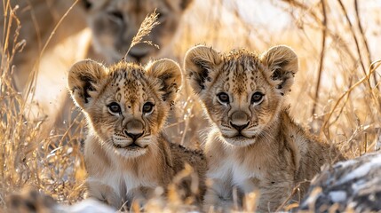Obraz premium Two adorable lion cubs in the African savanna
