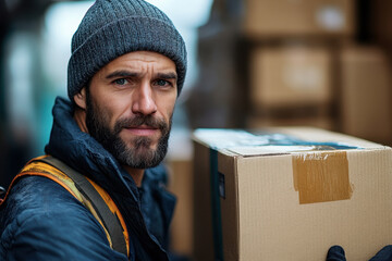 Man in warehouse holding box.