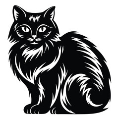 Elegant Black and White Cat Illustration with Fluffy Fur Detail