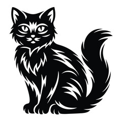 Elegant black cat with fluffy tail in intricate vector illustration style