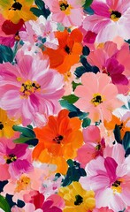 Pink peonies, orange camellias, green leaves flowers